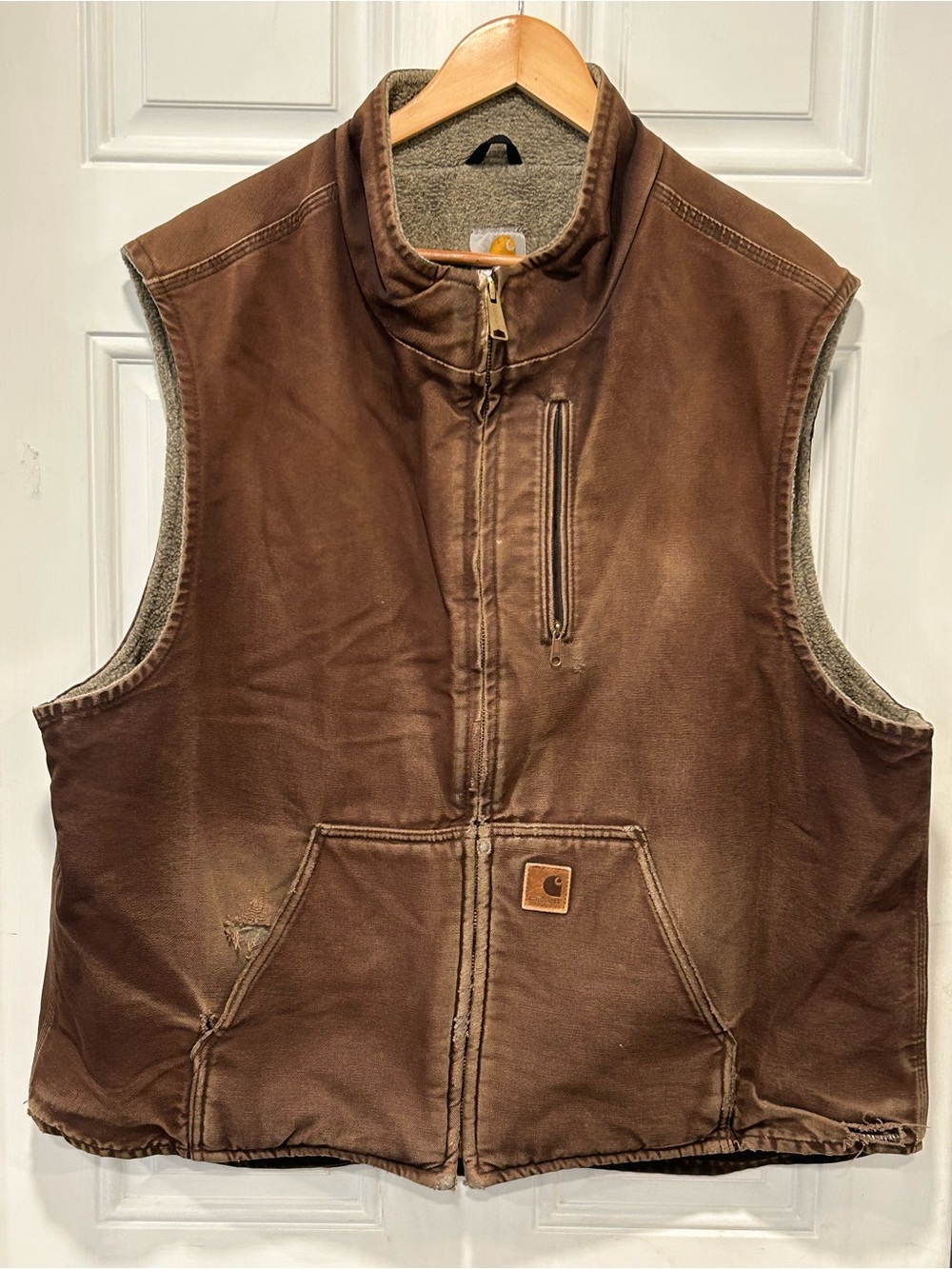 VTG Carhartt V33 DKB Sherpa Lined Vest Brown Sun Faded Distressed Zip Up SZ 2XL